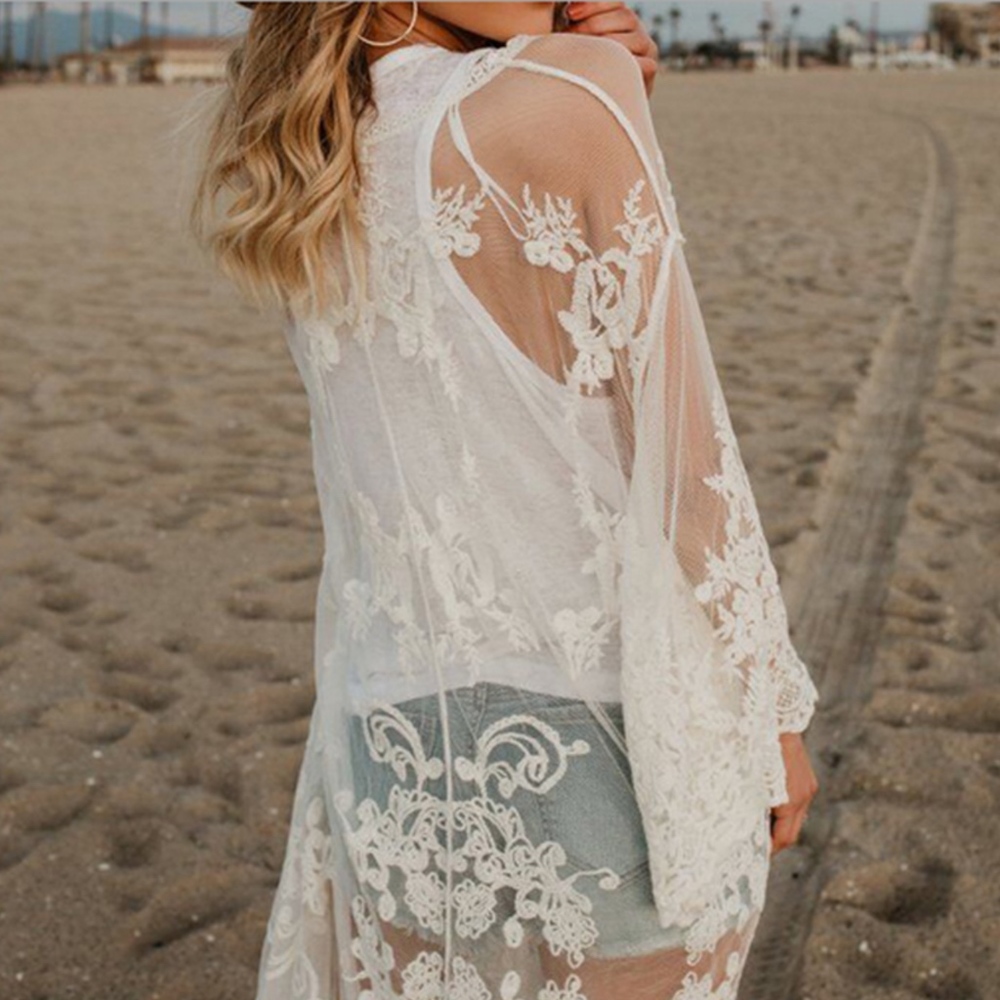 Boho Lace Embroidery Mesh Beach Coverup Cardigan - Picture 3 of 12
